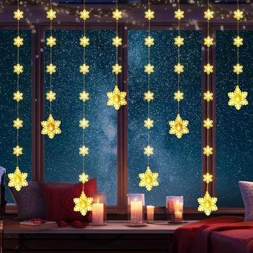 Isisyu Lichterkette Schneeflocke 2M 80 LEDs Lichtervorhang Warmweiß, USB Weihnachtsbeleuchtung Innen Fenster mit 48er Schneeflocken, 8 Modi, Timer, Memory, Fernbedienung für Fenster Weihnachtsdeko