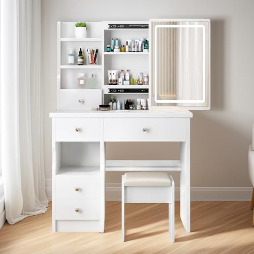 YuYe Schminktisch mit LED-Beleuchtung, Spiegel einstellbare Helligkeit, Schminktisch mit Hocker，Frisiertisch mit 5 Schubladen und 3 Ablagen, Modern Kosmetiktisch aus Holz Weiß (T68)