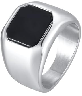 Wycian Anneau Homme Inox Bague en Argent Femme Taille 59 14mm Argent Onyx Noir Sceau Géométrique pour Dames Populaire