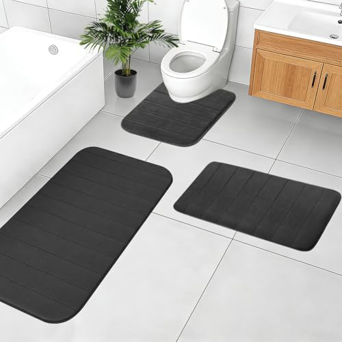 RANJIMA Badematte 3er Set, Weicher Mikrofaser Badezimmerteppich, Badteppich rutschfest Waschbar Badvorleger Set für Dusche, WC & Badewanne, U-Form Bad Toilette Teppich, Hellgrau（U50x60+40x60+50x80cm）