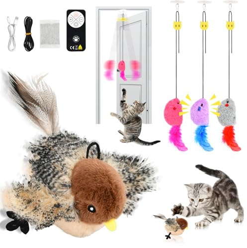 Mapille Katzenspielzeug Vogel Flattern mit Fernbedienung, Katzenminze, mit 3 piepsenden Mäusen, Katzen Spielsachen mit Vogelruf, Wiederaufladbar Interaktives Katzenspielzeug, Berührungsaktiviertes