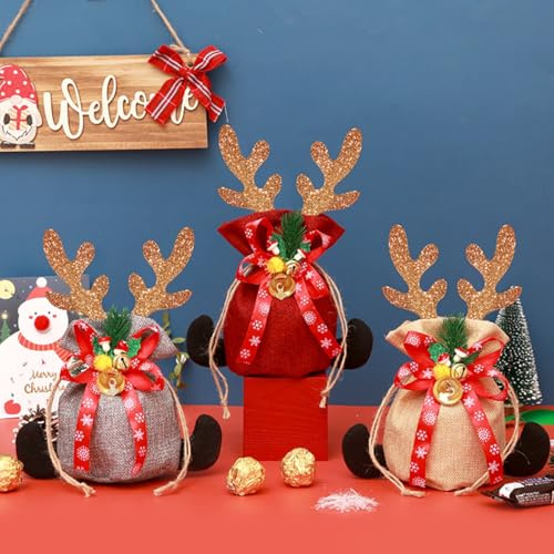 Fictory Weihnachts-Geschenktasche mit Kordelzug und Geweihglocke, khakifarbener Stoff-Geschenkbeutel für Urlaubsgeschenke, Partygeschenke und Süßigkeiten