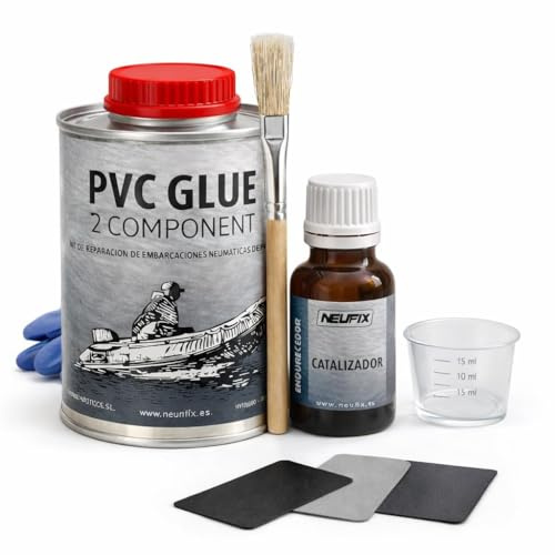 NEUFIX Kit Reparación PVC Profesional – Pegamento PVC 2 Componentes para Zodiac, Paddle Surf, Kayak y Hinchables – Incluye Parches, Pincel, Vaso, Guantes y Toallita (250 ml)