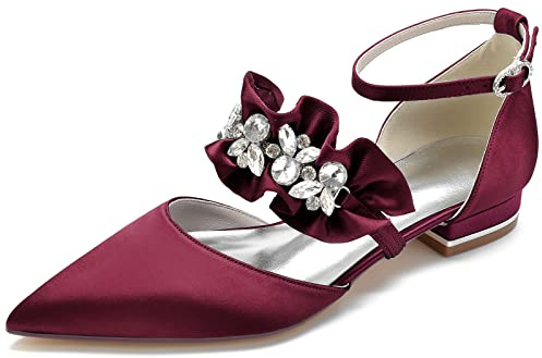 Yhsdfcn Brudskor med Volanger för Dam - Satin Ballerina Mary Jane med Strass, Spetsig Tå och Låg Blockklack,Burgundy,EU43