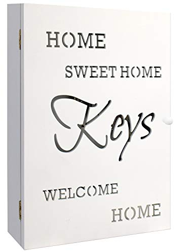 Multistore 2002 - Cassetta portachiavi in legno con motivo intagliato in lingua inglese Home Sweet Home, 6 ganci e vano portaoggetti, 22 x 7 x 32 cm