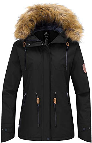 Wantdo Dam vinterrock huva vattentät skidjacka fleece, Svart, S