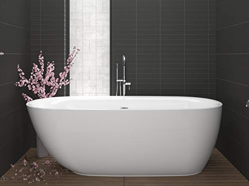 ANZZI Freestanding Bathtub 67 Inch Acrylic Flat Bottom Soaking Tub in Glossy White | Modern One Piece Design Center Drain High Capacity Comfortable Interior Ami Series | FT-AZ401