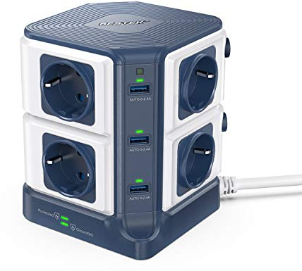BESTEK Vertikale Steckdosenleiste, BESTEK Steckdosenturm 8 Steckdosen und 6 USB-Anschlüsse, Steckdosenleiste mit Überspannungsschutz und Schalter, Verlängerungskabel (1500 J Überspannungsschutz, 3600