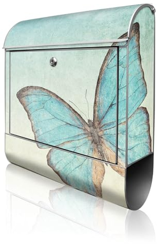banjado Design Briefkasten personalisiert 38,5x46,5x13cm & 2 Schlüssel - Briefkasten Stahl Weiß Zeitungsfach pulverbeschichtet - Postkasten A4 Einwurf inkl. Montagematerial - Motiv Blaue Schmetterling
