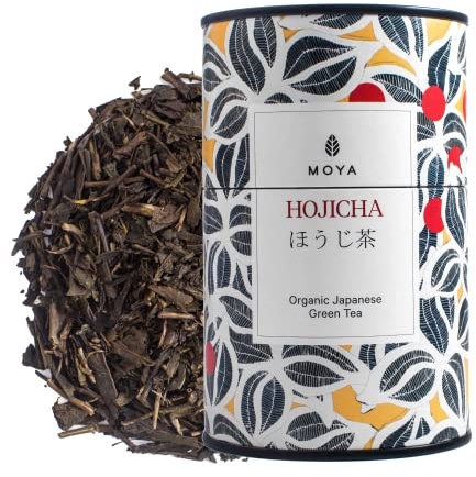 Moya Hojicha Ekologiskt Japanskt Grönt Te Lösa Blad | 60g |Rostat Grönt Te från Japan | Vänligt för Veganer och Vegetarianer | Förpackat i en Flerfärgad Kartongburk | Perfekt för en Present