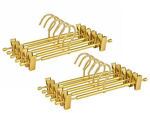 Amber Home 10 Pack Matte Gold Aluminum Pants Hangers, 12.2” Extra Smooth Metal Skirt Hangers with 2 Adjustable Non-Slip Clips, Light & Sturdy Metal Hangers for Shorts, Trousers & Slacks