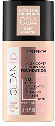 Catrice Clean ID High Cover Luminous Matt Foundation, Make Up, Nr. 004 Light Almond, nude, für sensible Haut, porenverfeinernd, für sensible Augen, Haut, natürlich, vegan, ohne Parfüm (30ml)