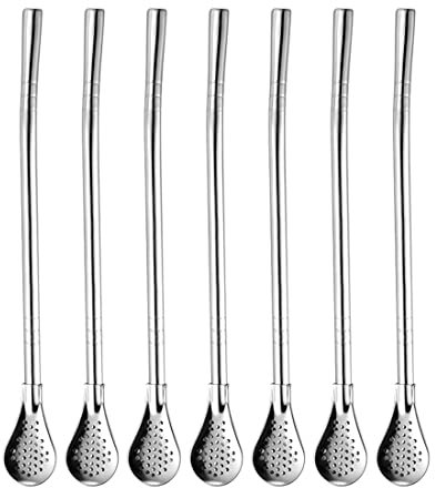Clyhon 6pcs Reusable Metal Drinking Straws, Stainless Steel, Spoon Shape Filter, 15.5cm, for Coffee, Milk Tea, Cocktail and Hot Drinks