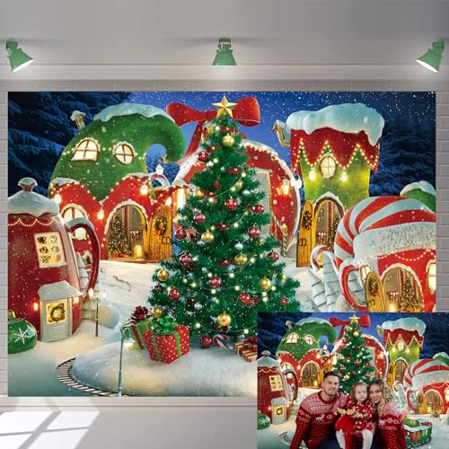 Cartoon-Weihnachtsdorf-Fotografie-Hintergrund, Winter, Schnee, Kiefernbaum, Märchen, animierte Kinderparty, Fotokabine, Banner, Hintergrund (2,7 x 1,5 m)