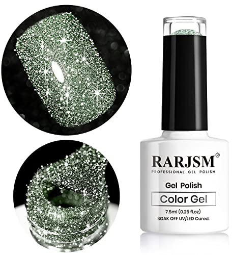 RARJSM Glitter Gel Nail Polish Light Green Flash Gel Polish Sparkle Shiny Gel Nail Art Varnish Manicure Refletive Diamond NailGel For Salon Home DIY UV LED Curing Required 7.5ml