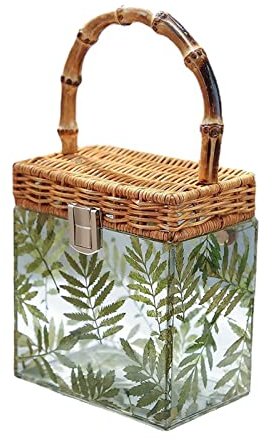 TPone Women Clear Acrylic Clutch Purse with Leaf Pattern, Transparent Square Beach Bag, Evening Bag with Environmental Bamboo Handle