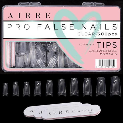 AIRRE 500 Profi Gelnägel & 4 Feilen mit Box - (10 Größen) Französische Halbmond Fake Nails, Für Salons und zu Hause, Schneiden, Feilen & Formen, UV/LED Gel, Lack und Nagelkunst (Klar)
