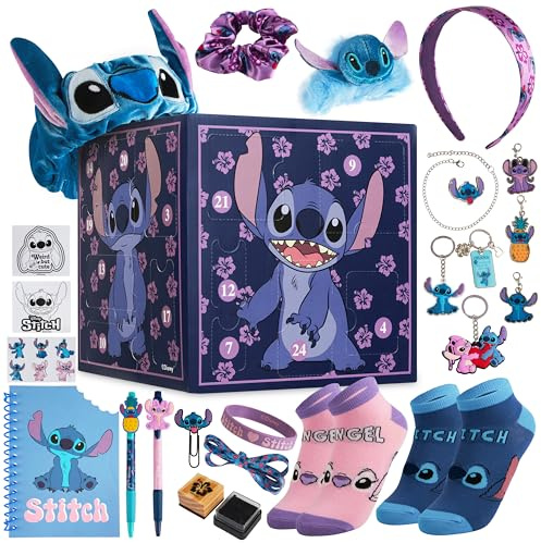 Disney Stitch Calendrier de l'Avent 2025 Compte à Rebours Noel 24 Surprises Papeterie Original et Accessoires Kawaii Collier Porte-clés Stylo (Violet Stitch Cube)