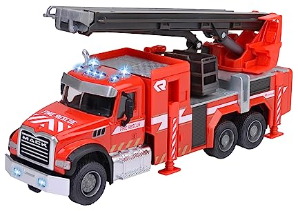 Majorette - Feuerwehrauto ab 3 Jahre (22 cm) - voll ausgestatteter Mack Granite Feuerwehr-Truck für Kinder, mit ausziehbarer Leiter (35 cm), Korb, Gummireifen, Blaulicht & Sirene
