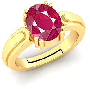JEMSPRIME 5.25 Ratti Natürlicher Rubin-Manik-Ring, loser Edelstein, vergoldet, Geburtsstein, Astrologie, Rashi Ratan, verstellbarer Ring für Damen und Herren, Messing, Rubin, Messing, Rubin