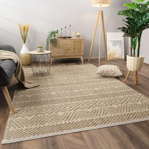 Paco Home Teppich Wohnzimmer Schlafzimmer Kurzflor Skandinavisches Boho Muster Geometrische Optik Einfarbig Moderne Deko, Grösse:200x280 cm, Farbe:Natur