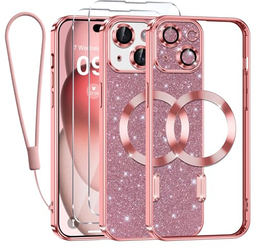 Kokio Glitter Magnetica Cover per iPhone 15 Plus con Cordino, Compatibile con MagSafe, Brillantini Sottile Silicone TPU Antiurto Custodia per iPhone 15 Plus con 2 Vetro Temperato Bumper, Rosa