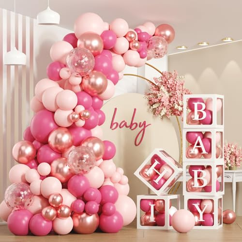 Lot de 172 boîtes de décoration rose pour fête prénatale, 6 boîtes à ballons transparentes avec 110 guirlandes de ballons roses, 54 lettres, pour fête prénatale, décoration d'anniversaire, mariage