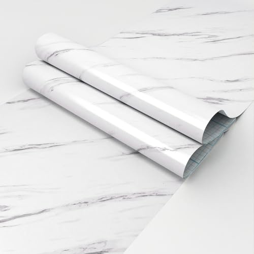 HotDecor Självhäftande vinyltapet med vit marmoreffekt, tvättbar, vattentät, avtagbar, 60 cm x 300 cm, vit, marmorstil, PVC vattentät, pappersmaterial, inomhusbruk, rullform, väggyta