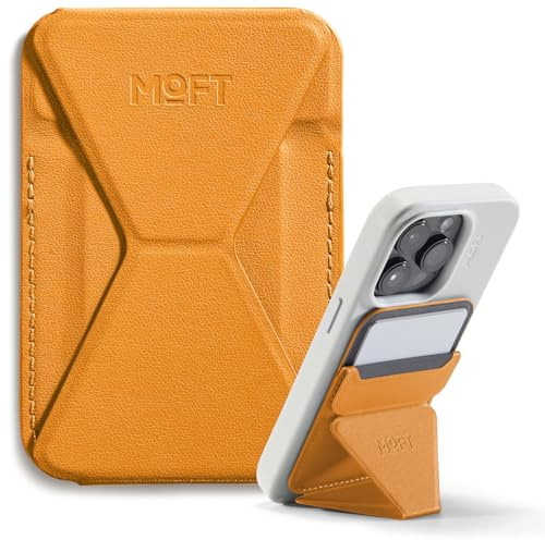 MOFT MagSafe Cartera Soporte para iPhone 17/16/15/14/13 Series Compatible con MagSafe, Soporte Magnético de MOVAS Cuero Vegano para Teléfono con 3 Ángulos de Visión, 2 Soportes Tarjetas (Naranja)