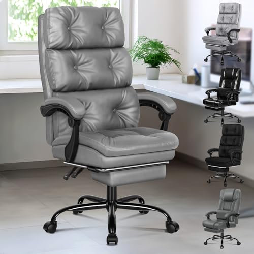ELFORDSON Executive Office Chair with Dual Paddings, High Back Desk Chairs with Armrests Footrest, Ergonomic Computer Gaming Chair with Recliner Tilting for Home Office, PU Leather, Grey
