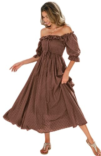 R.Vivimos Women's Polka Dot Slim Half Sleeve Puff Flare Sleeve Square Neck Tie Long Midi Dress(Medium,Brown#2)