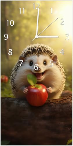 Wallario Design-Wanduhr Lächelnder Igel mit Apfel aus Glas, Motiv-Uhr Größe 30 x 60 cm, weiße Zeiger