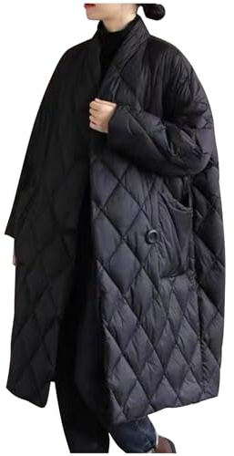 NSICBMNO Black Winter Long Puffer Coats Lightweight Quilted Jacket Padded Jacket Knee Length Coat Lapel Collar Button Up Cardigans Long Puffer Coat Warm Coats