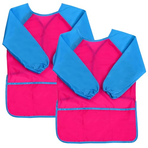 XIEJINJIA 2 Pack Kids Art Smock with Long Sleeve and 3 Pockets Children Artists Child Play Apron Boys and Girls for Cooking Painting Craft Pink/M