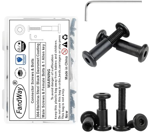 FandWay Tornillos De Conexión,M6x20mm Tornillos Para Muebles de Acero Inox A2 V2A Dacromet Negro Para Armarios,Tableros,Madera 20 pares (20 x Tornillos 20 x Tuercas Cilíndricas) Con 1 llaves Allen.