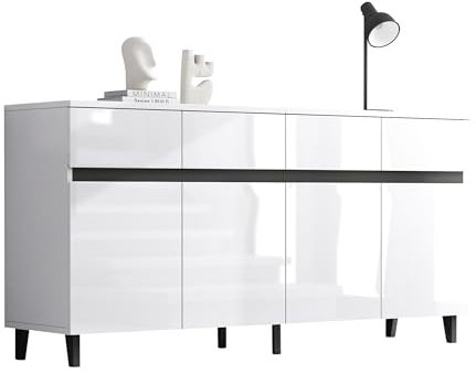 Azkoeesy Sideboard Buffetschrank weiß mit Hochglanz, 160 x 40 x 68 cm, Moderne Kommode mit 4 Schubladen und Türen, Küchenschrank TV-Schrank, kippsicher, für Wohnzimmer und Esszimmer