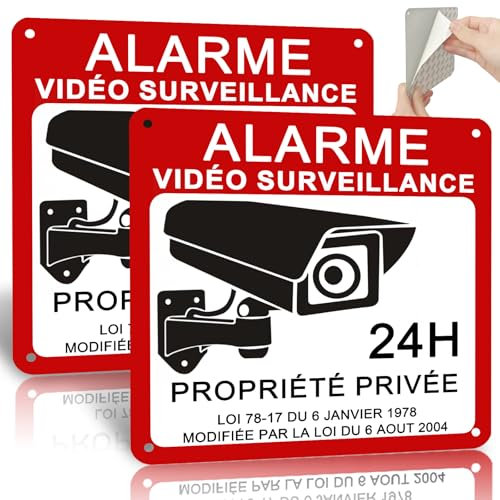 ROUMIO® 2 pièces alarme video surveillance en aluminium - 15x15cm panneau propriété privée - Avec adhésif et forage préalable - Image accrocheuse - Robuste et durable