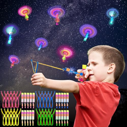 ZZXLOPEZ 20 Pezzi Elicottero Volante con Fionda Elicottero Slingshot Razzo LED Luminoso Volante Giocattolo per Feste e Regali