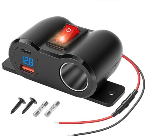 Thlevel Prise de Chargeur USB Voiture QC3.0 et PD3.0 12V Voiture Allume Cigare Adaptateur Répartiteur Prise avec Interrupteuret voltmètre LED pour 12V/24V Voitures Bateaux Camping-Car