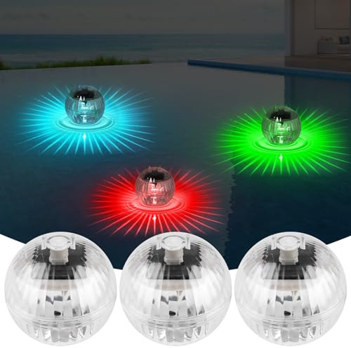 Asfrode Solar Schwimmende Poolbeleuchtung, 3 Stück Teichbeleuchtung 7 Farben Solar Schwimmende Poollicht RGB Solarleuchten IP65 Wasserlicht für Pool Teich Garten Brunnen Wasserparks
