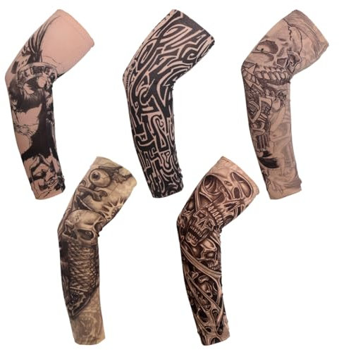 JEYORZY 5 Stück Tattoo Ärmel Set Gefälschte Sonnencreme Armlinge,Tattoo Ärmel Männer Fake Nylon Temporäre Tattoos für Herren Damen Biker, Rocker, Gothic, Punk, Heavy Metal Halloween Kostüm Fasching