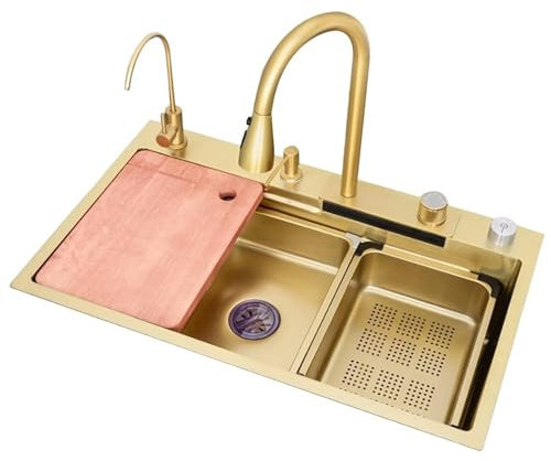 SaryEdge Gold Stainless Steel Kitchen Sink Faucet with Cutting Board Strainer 75 x 45 x 22cm Over Countertop Renovation for Modern Kitchens