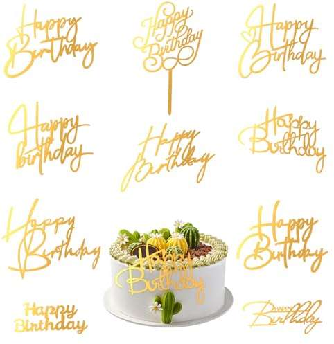 Giantree 10-pack grattis på födelsedagen tårtdekorationer, speglad akryl grattis på födelsedagen skyltar glitter guld tårtinsatser, festevenemang sidokakor dekoration tillbehör kan användas för