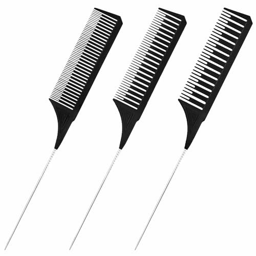 3Pcs Highlighting Combs Set Professional Dyeing Different Sizes Weaving Hair Comb Long Stainless Steel Plastic Rat Tail Teasing Combs for Women Men Salon Hair Styling