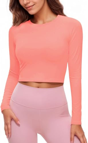 Fisoew - Maglietta da donna a maniche lunghe, girocollo, per yoga, palestra, allenamento, crop top, slim fit, Colore: rosa., XXL