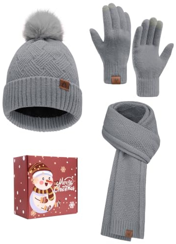 heekpek Mütze Schal Touchscreen Hhandschuhe Set für Damen Winter Frauen Geschenkset Beanie mit Bommel Fleece Gefütterte Warm Wintermütze 3 in 1 Set, Grau