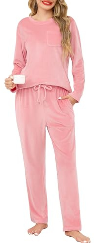 Lovasy Pigiama Donna in Pile Morbido Set Pigiama Invernale Caldo e Soffice | Scollo Rotondo Pigiami Due Pezzi Maniche Lunghe con Tasche