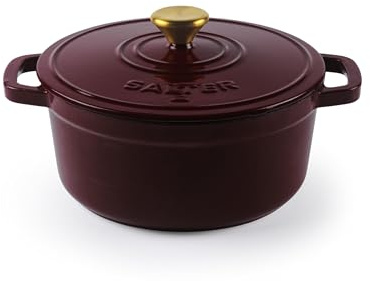 Salter Chester 24cm Cast Iron Casserole Pot – Self-Basting Lid, Dutch Oven/Stock Pot, Enamel Coated Cast Iron, Oven Safe, Suitable for All Hob Types Including Induction, 3.4L cap., PFAS-Free, Red