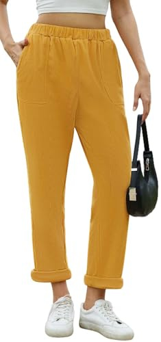 Yutdeng Pantalón de Pana Mujer Pantalones Largos Elegante con Bolsillos Cintura Alta Elasticos Casual 7/8 Pantalones Pana Mujer Suelto Pierna Rectos Pantalón Ancho Invierno Otoño,Amarillo,L