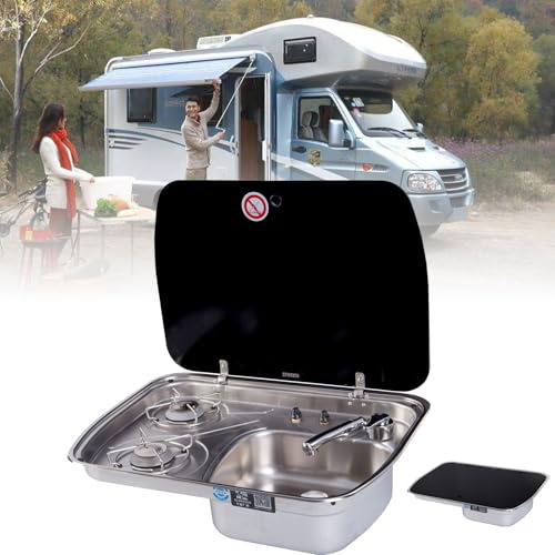 Réchaud à gaz pour camping-car avec couvercle en verre, 2 brûleurs à gaz, évier en acier inoxydable pour camping en plein air, camping-car, caravane, camping-car, cuisine – Utilisation avec gaz GPL